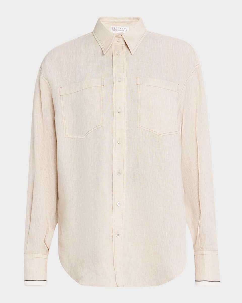 Monili-Cuff Linen Gauze Button-Down Top